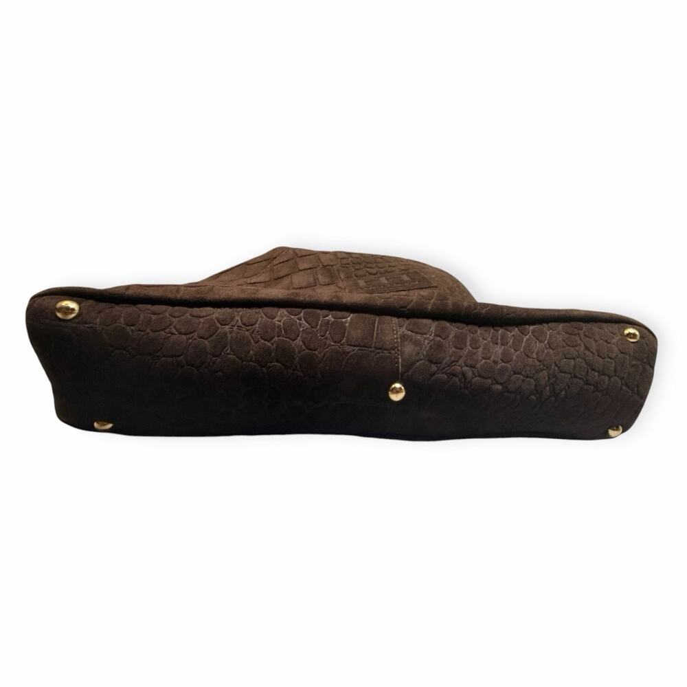 Haute Hippie Triangle Hobo Bag Brown Croc-Embossed Suede Leather Shoulder Purse - Picture 4 of 9